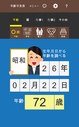 年齢早見表／犬猫年齢、西暦、入学卒業、結婚、子供、長寿、恵方 PC