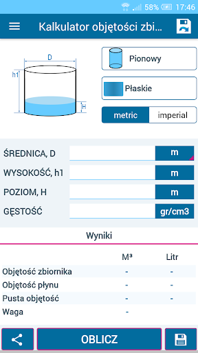 Kalkulator objętości zbiornika