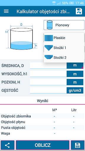 Kalkulator objętości zbiornika