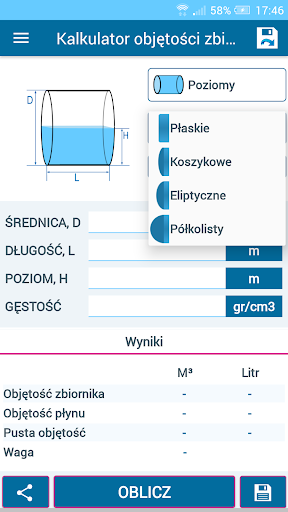 Kalkulator objętości zbiornika