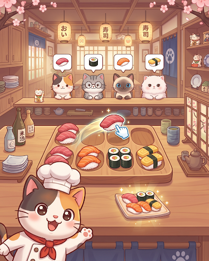Sushi Cat Match: مطعم السوشي الحاسوب